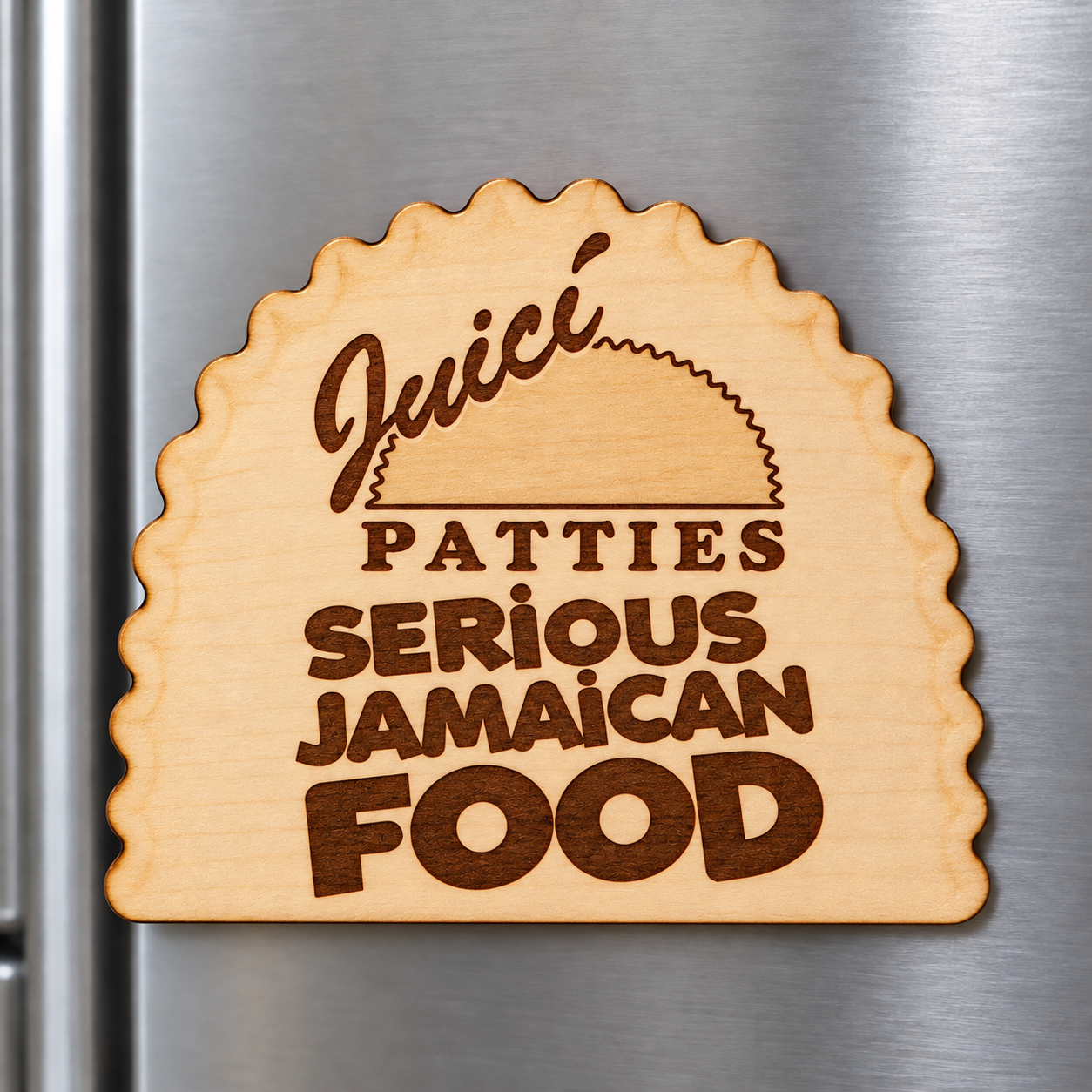 Patty-shaped wooden fridge magnet concept