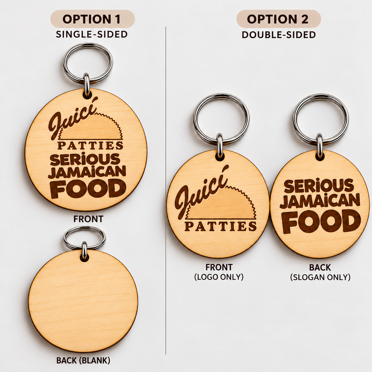 Round wooden Juici Patties keychain concepts